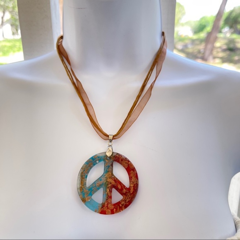 Glass peace sign necklace ribbon cord choker